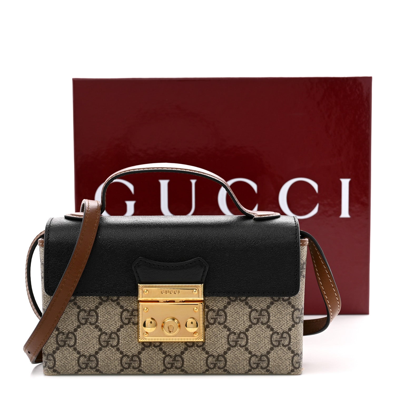 GG Supreme Monogram Calfskin Mini Padlock Top Handle Shoulder Bag Beige Black Cuir