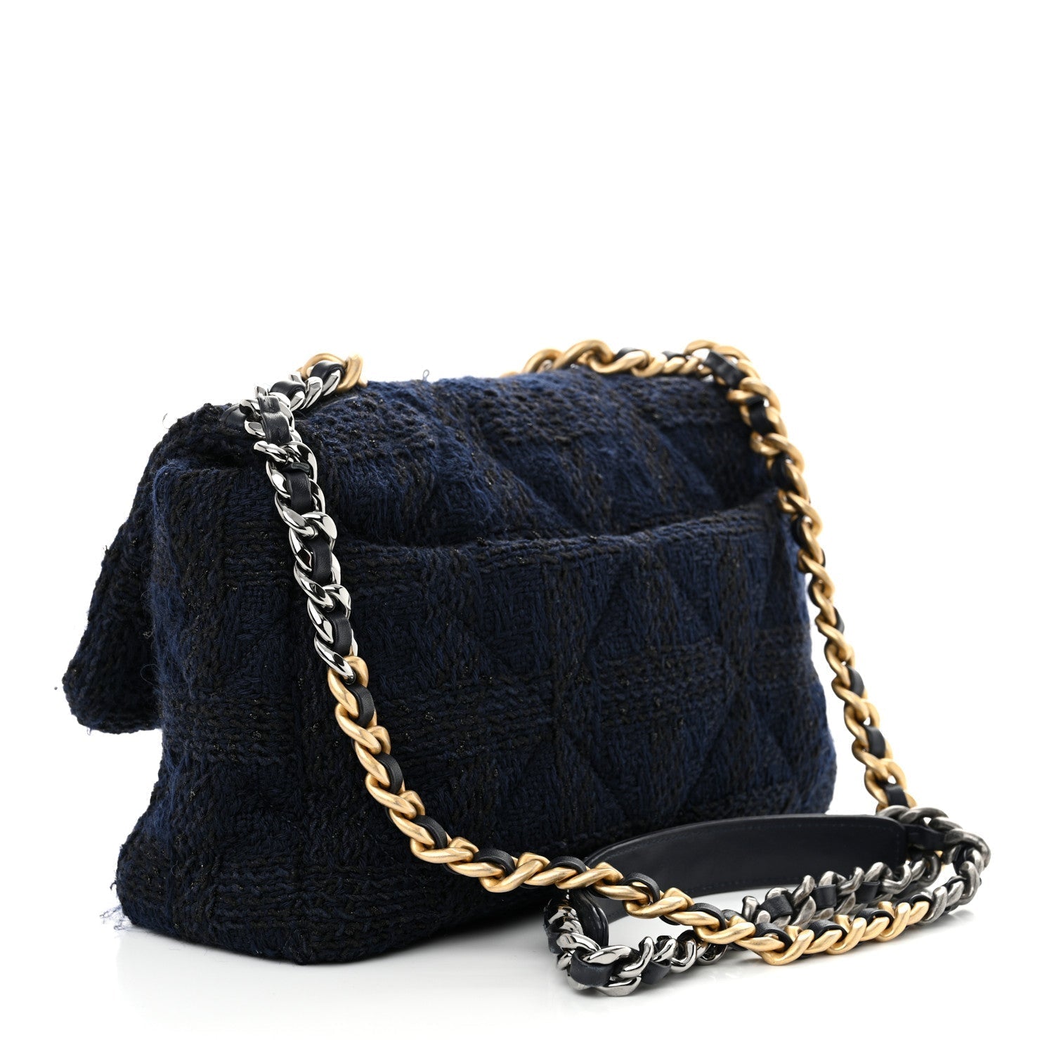 Tweed Quilted Large CHNL 19 Flap Navy Blue