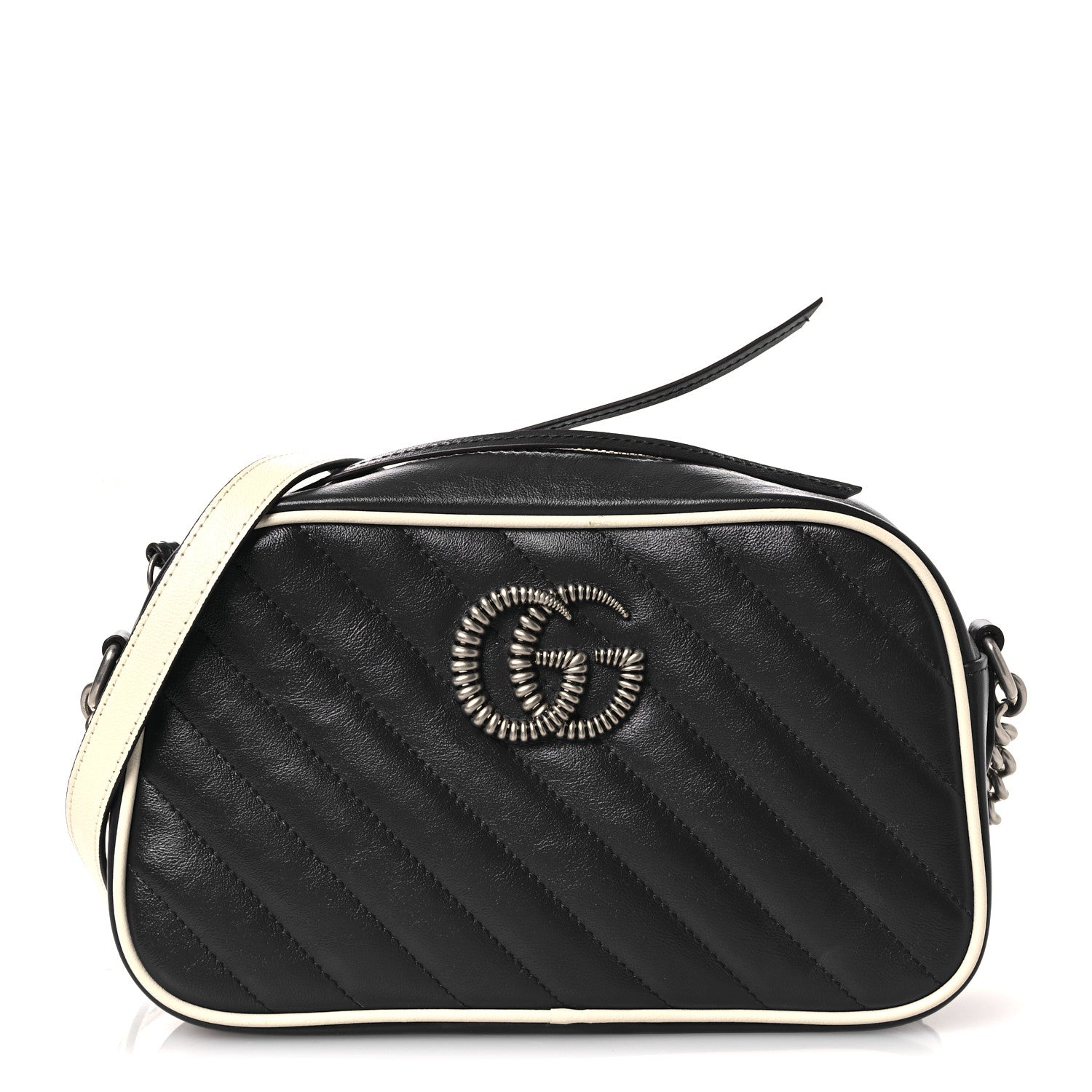 Vintage Effect Calfskin Matelasse Diagonal Small Torchon GG Marmont Chain Shoulder Bag Blue Agata Mystic White