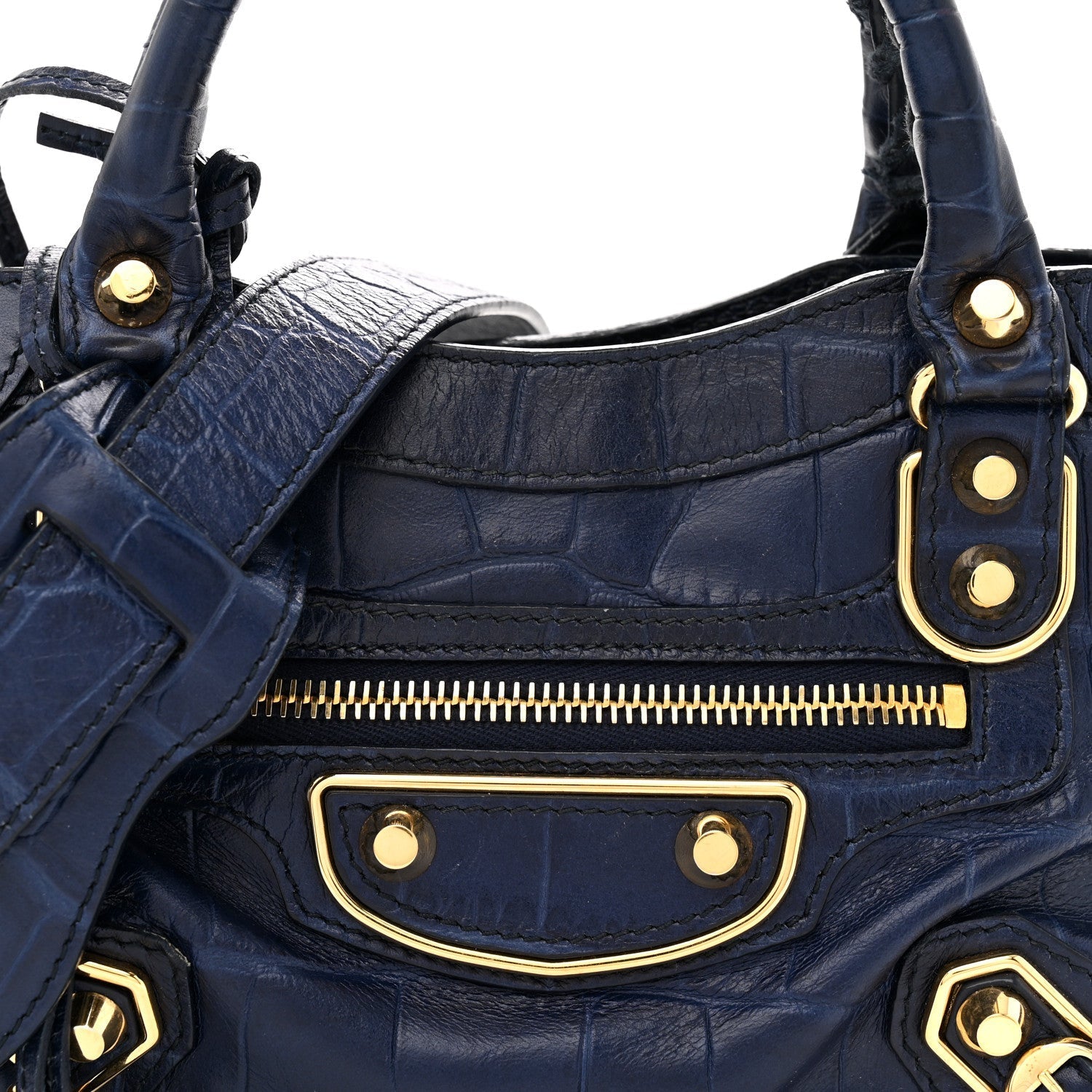 Calfskin Crocodile Embossed Gold Metallic Edge Hardware Mini City Bleu