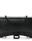 Shiny Calfskin Monochrome Crocodile Embossed Hourglass Chain Bag Black