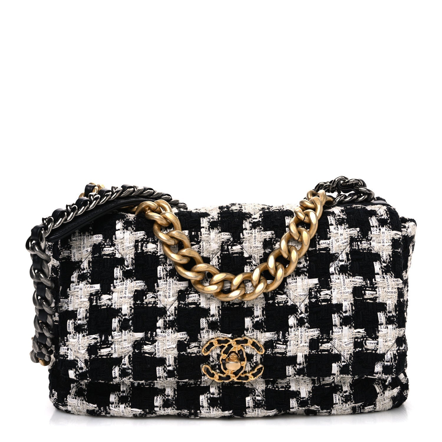 Tweed Quilted Large CHNL 19 Flap Black Ecru White