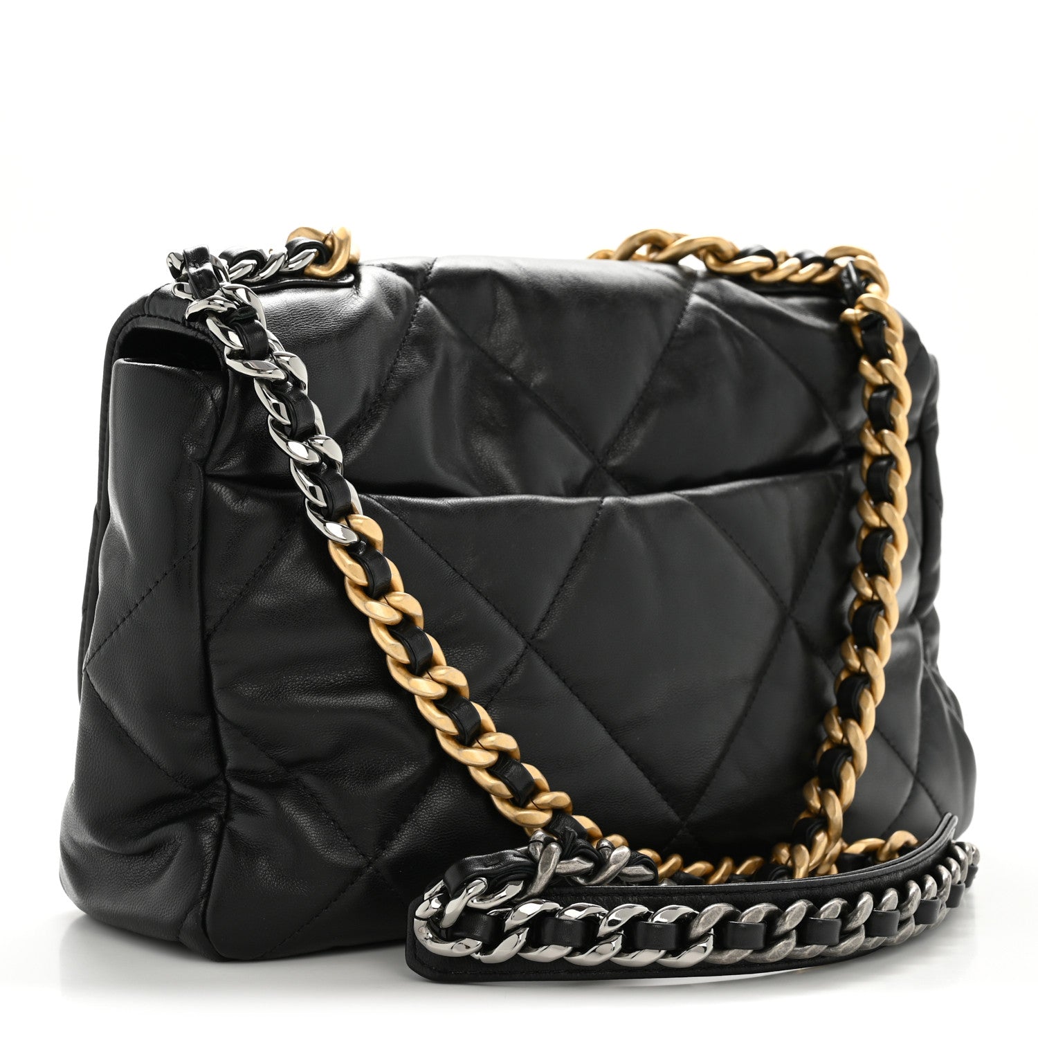 Shiny Goatskin Quilted Large CHNL 19 Flap Black