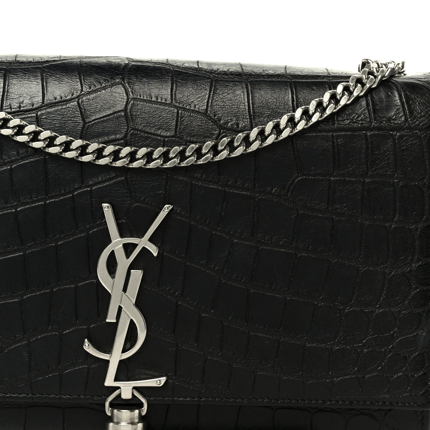 Calfskin Crocodile Embossed Medium Classic Monogram Kate Tassel Satchel Black