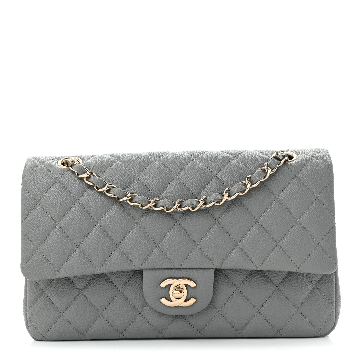Caviar Quilted Medium Double Flap Grey
