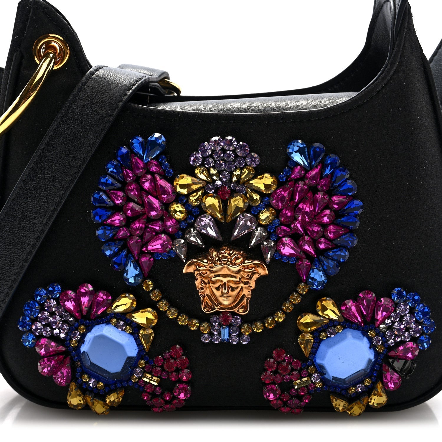 Satin Crystal Embellished La Medusa Mini Hobo Bag Black Multicolor