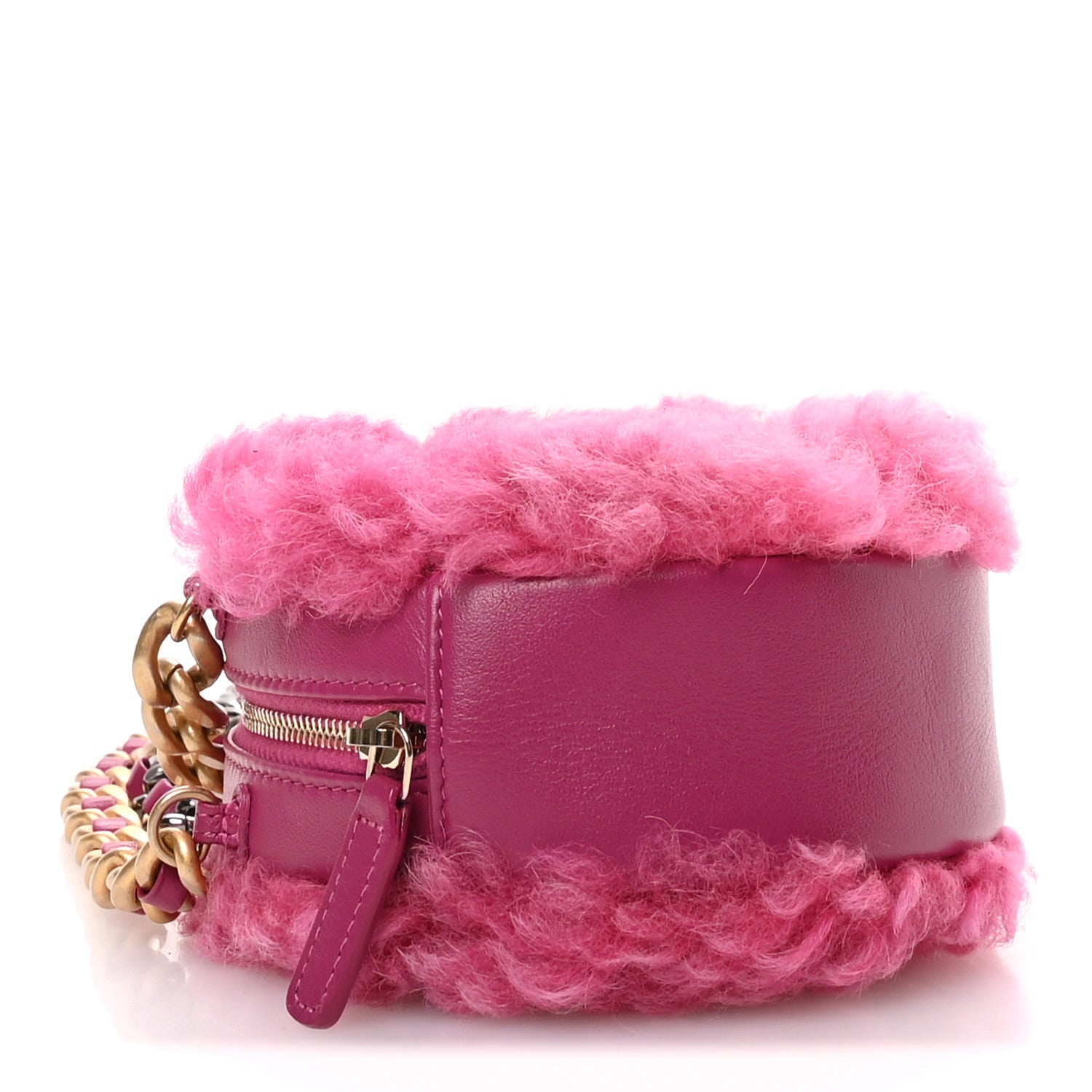 Shearling Sheepskin CHNL 19 Round Clutch With Chain Dark Pink