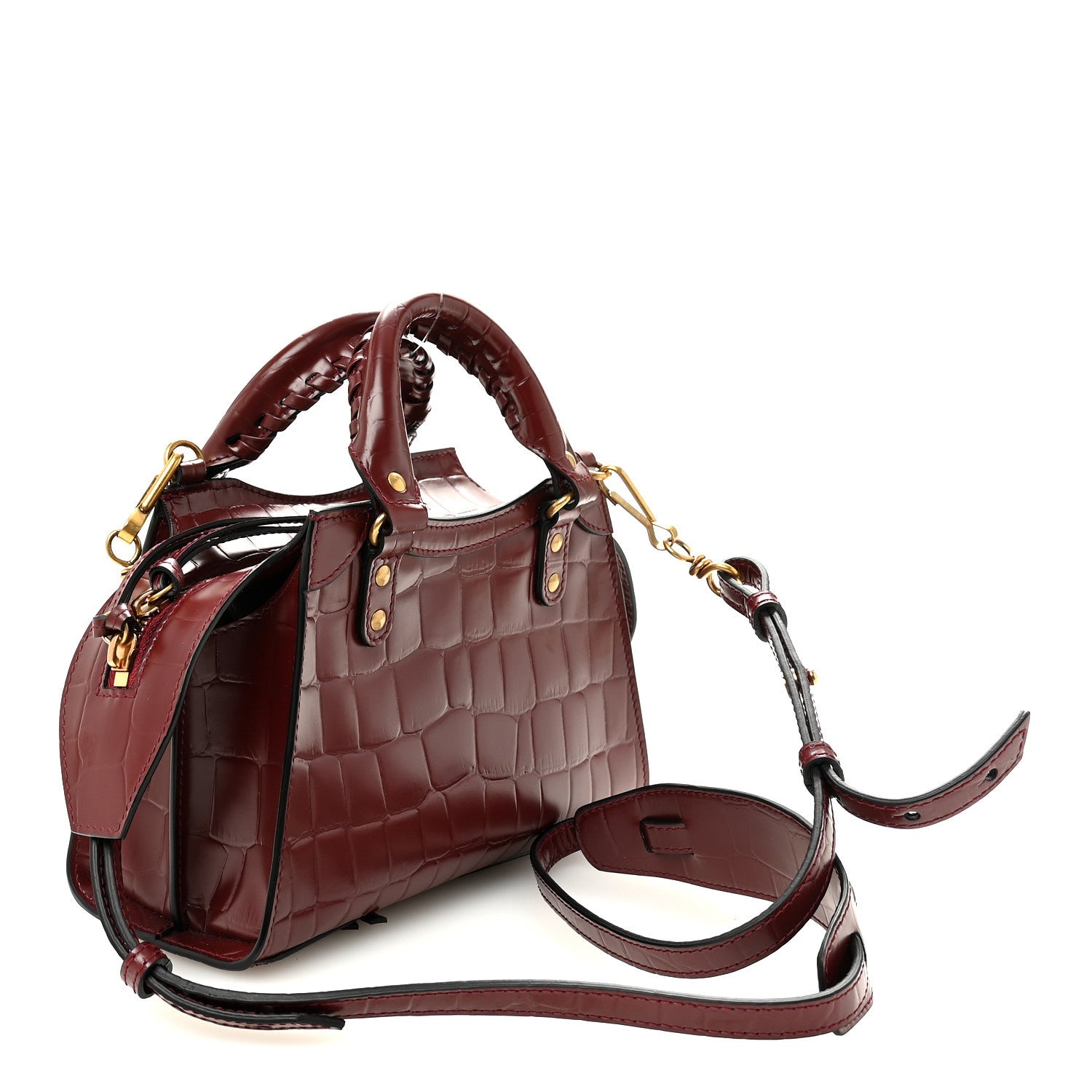 Semi Shiny Calfskin Crocodile Embossed Neo Classic Gold Hardware Mini City Dark Red