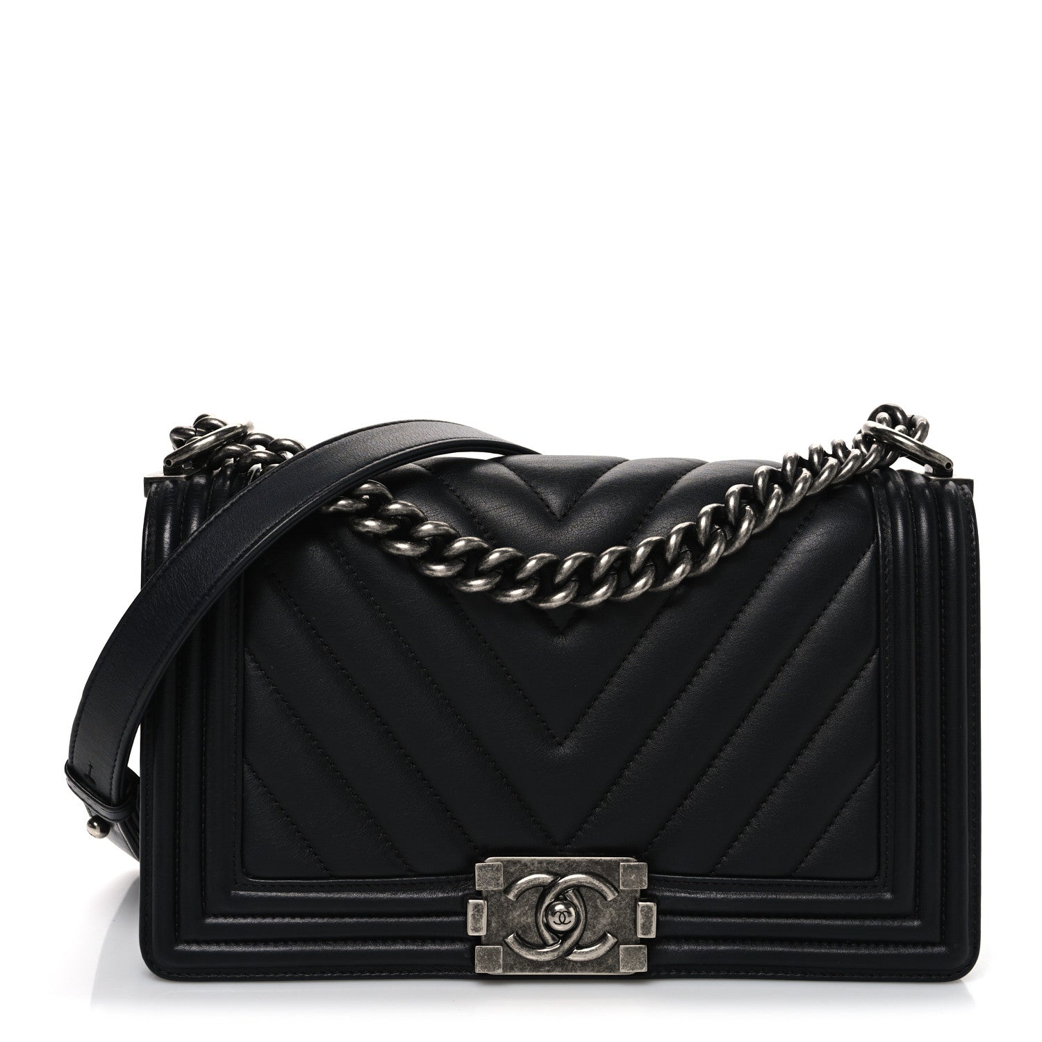 Calfskin Chevron Quilted Medium Boy Flap Black