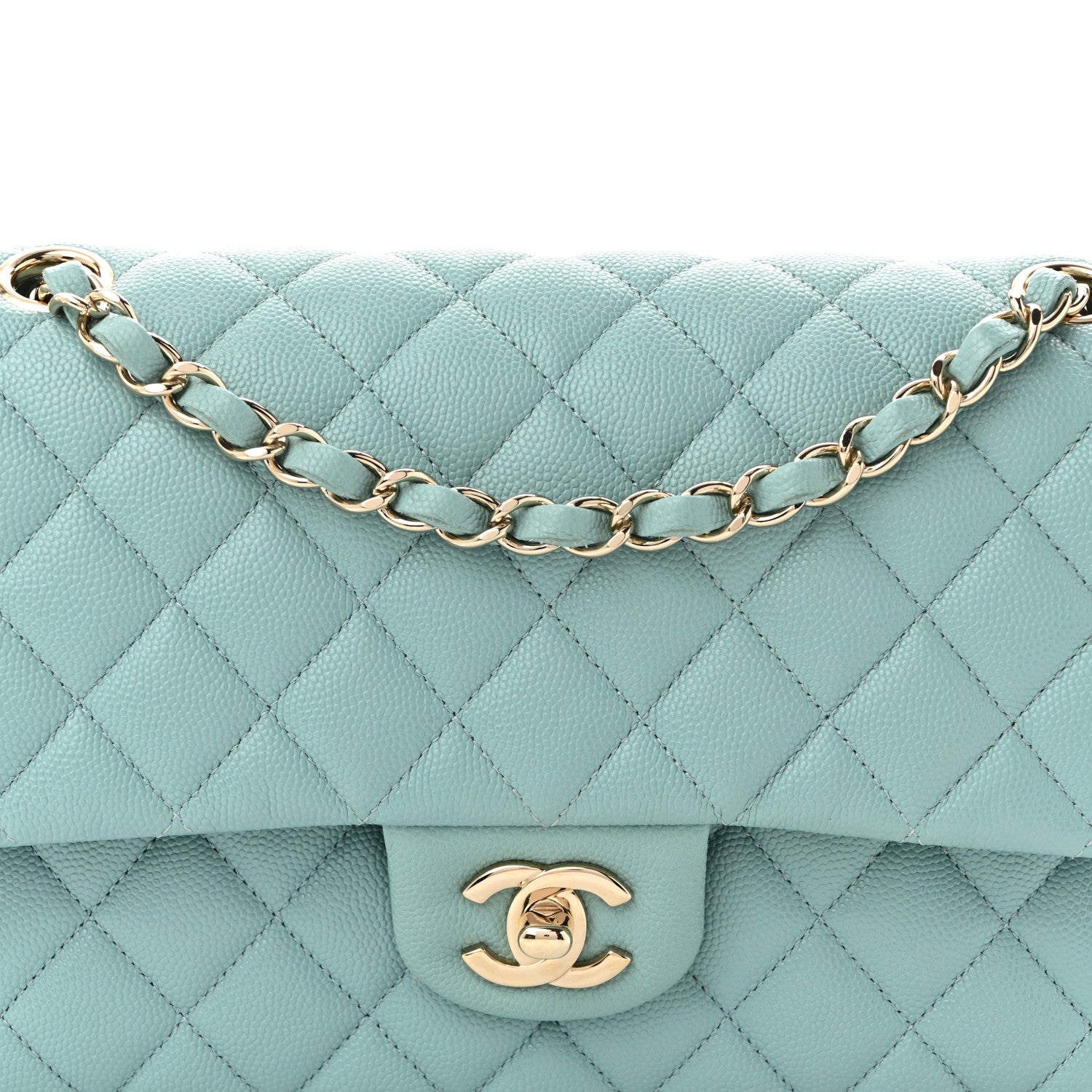 Caviar Quilted Medium Double Flap Light Blue