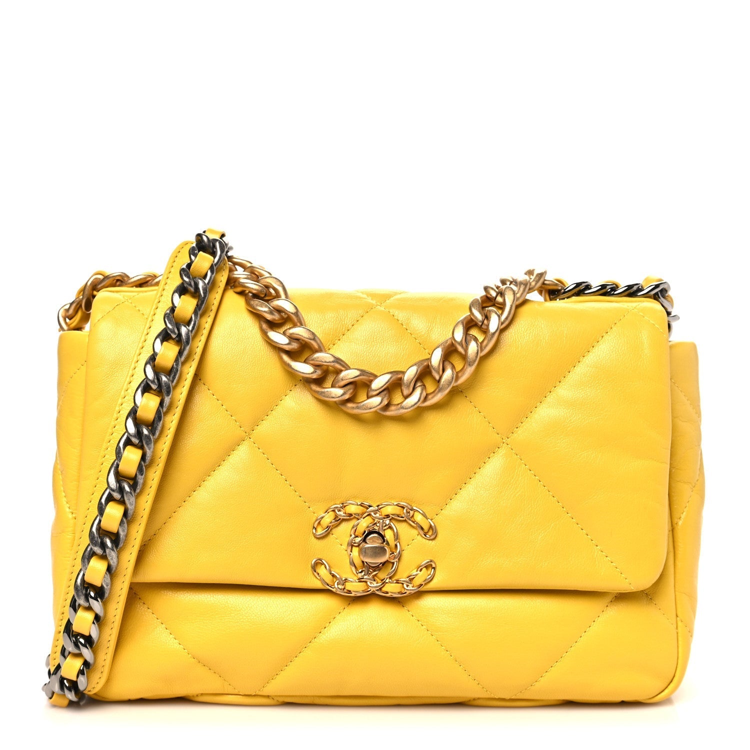 Shiny Goatskin Quilted Medium CHNL 19 Flap Yellow