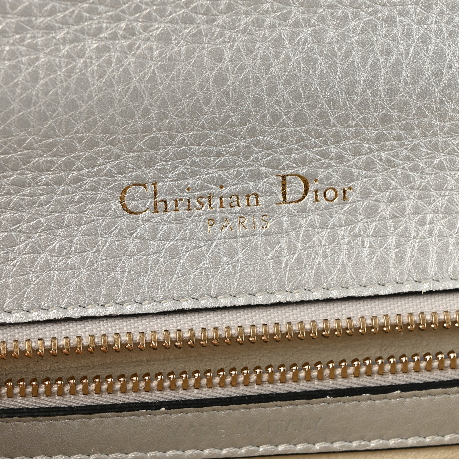 Metallic Grained Calfskin D1ORama Wallet on Chain Pouch Silver
