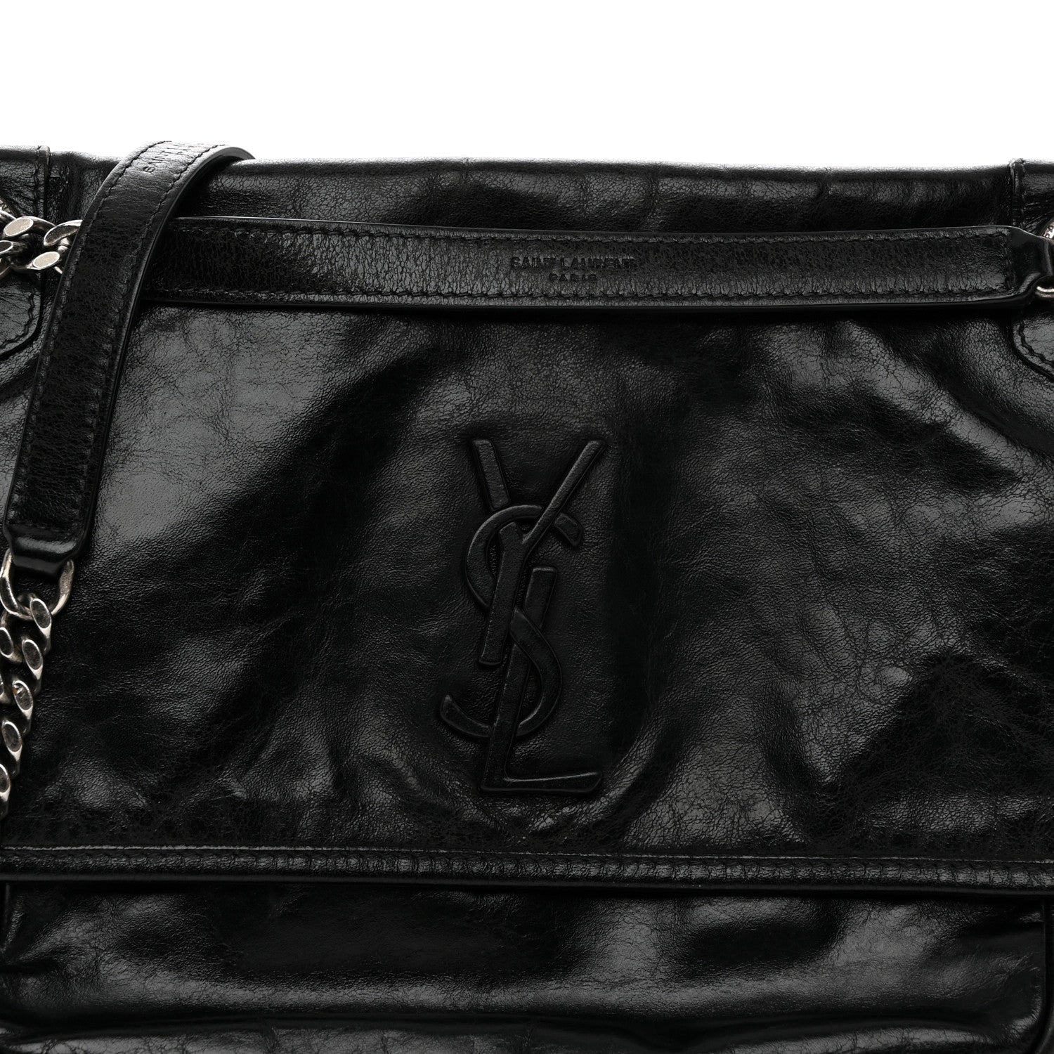 Crinkled Calfskin Monogram Medium Niki Chain Satchel Black