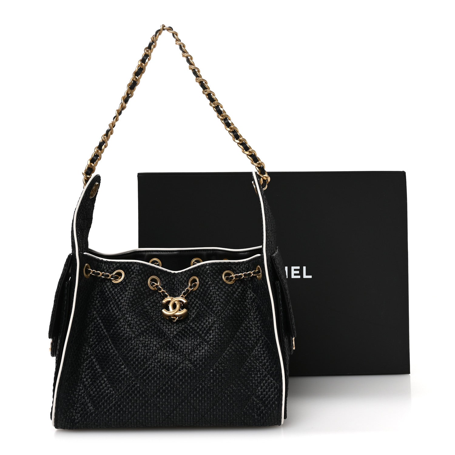 Braided Raffia Calfskin Small CHNL 25 Handbag Black White