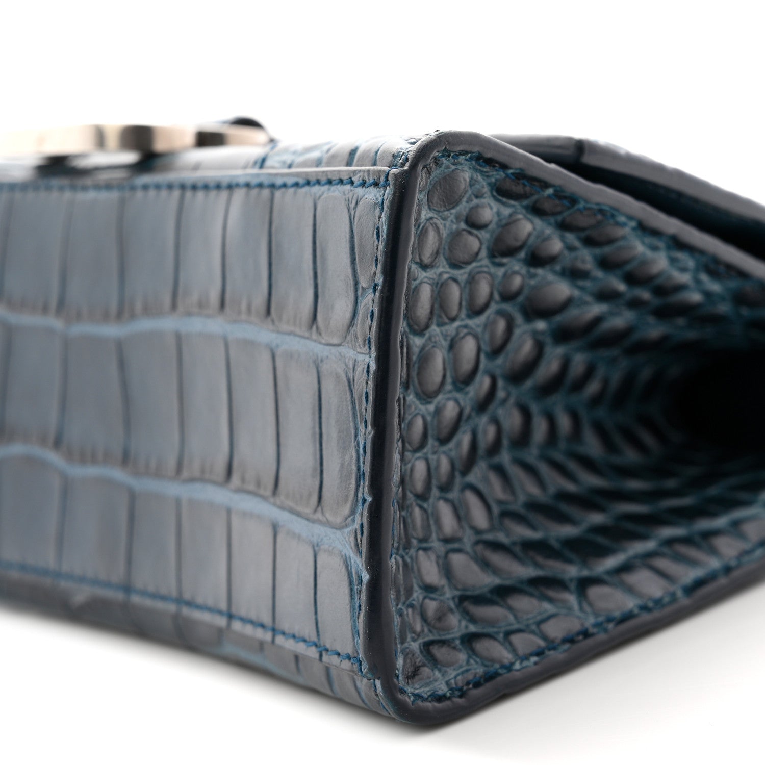 Shiny Calfskin Crocodile Embossed Hourglass Top Handle Bag XS Denim Blue