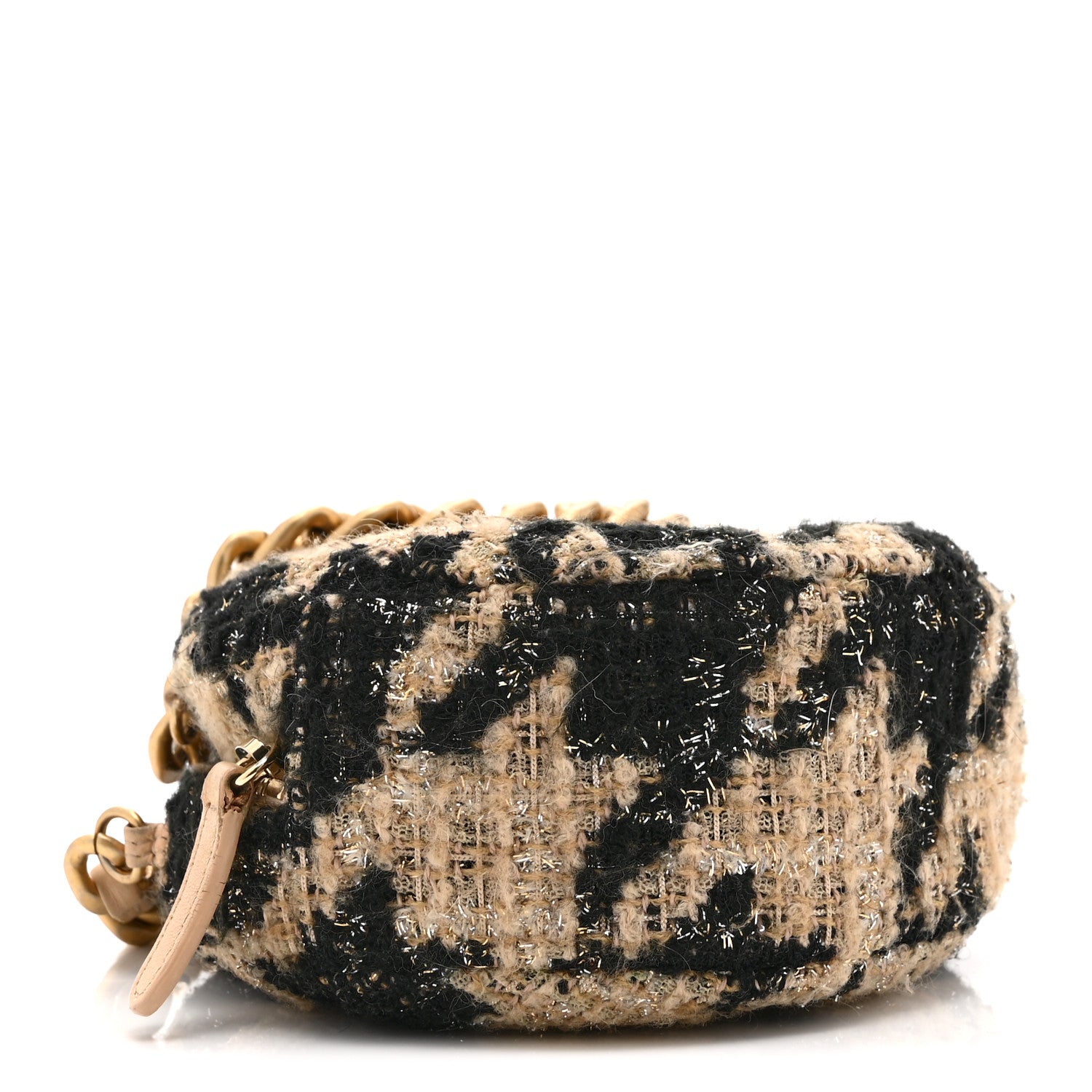Wool Tweed Lambskin Quilted CHNL 19 Round Clutch With Chain and Coin Purse Beige Black