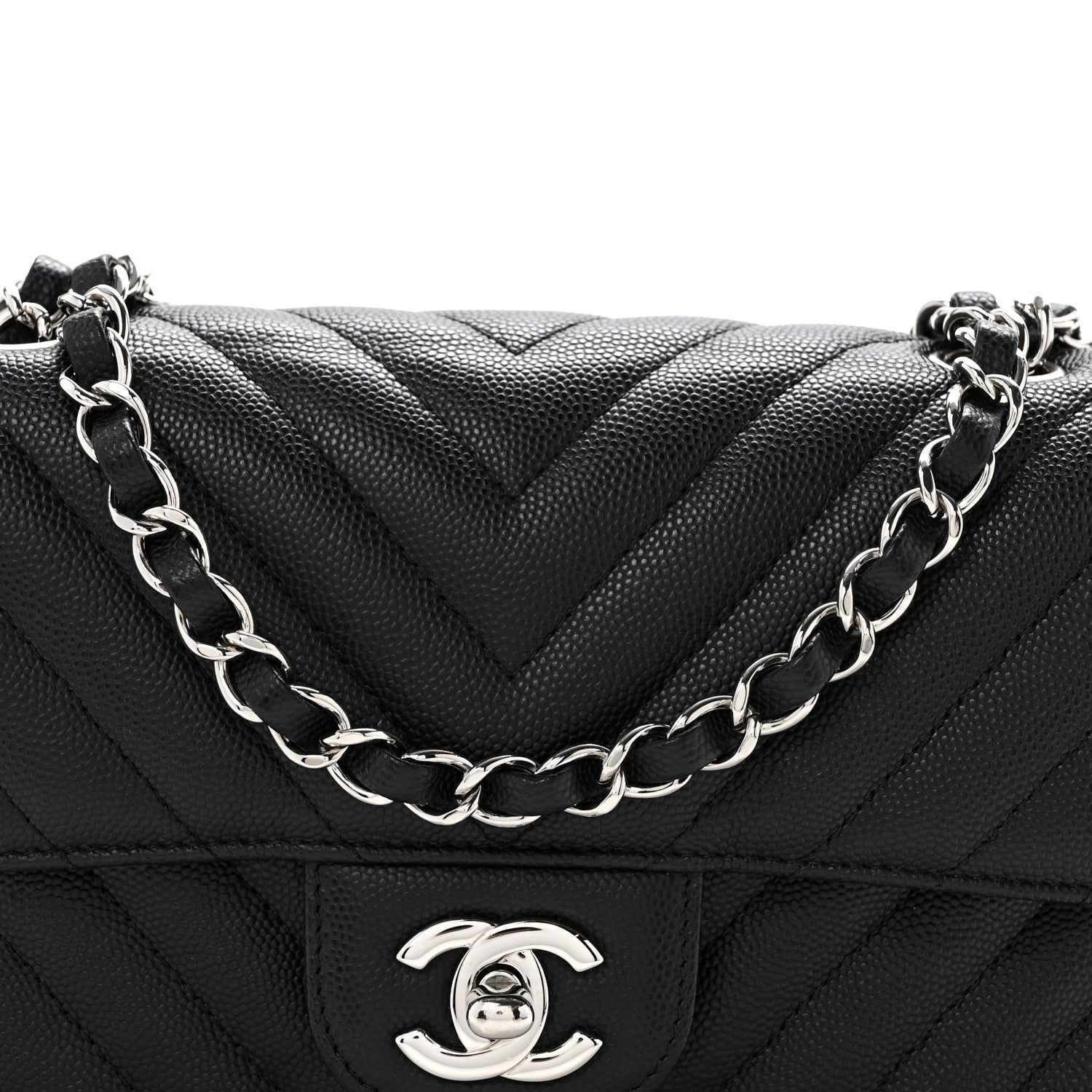 Caviar Chevron Quilted Mini Rectangular Flap Black