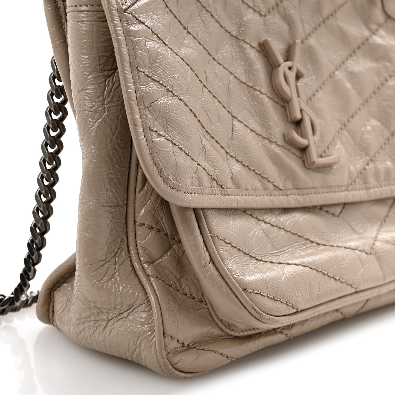 Crinkled Calfskin Matelasse Monogram Medium Niki Chain Satchel Gold Sand