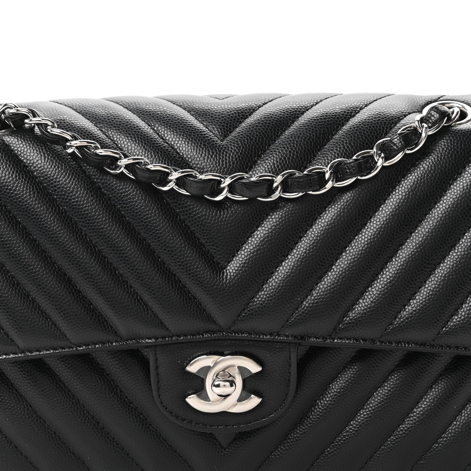 Caviar Chevron Quilted Medium Double Flap Black