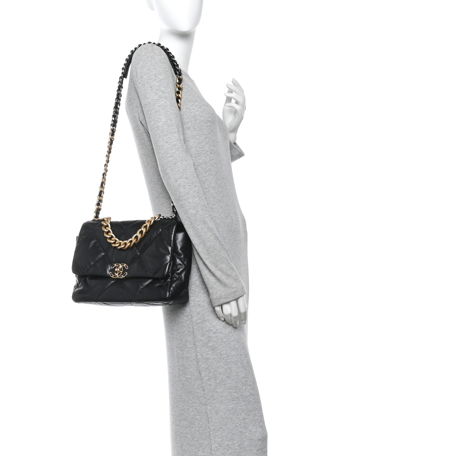 Shiny Goatskin Quilted Large CHNL 19 Flap Black