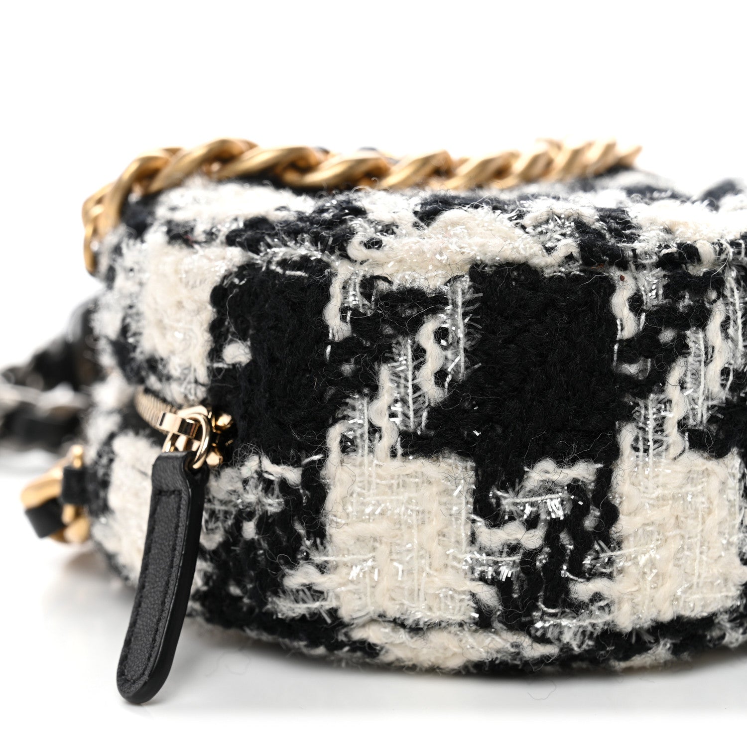 Wool Tweed Lambskin Quilted CHNL 19 Round Clutch With Chain and Coin Purse Black White