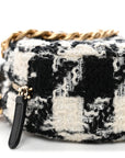 Wool Tweed Lambskin Quilted CHNL 19 Round Clutch With Chain and Coin Purse Black White