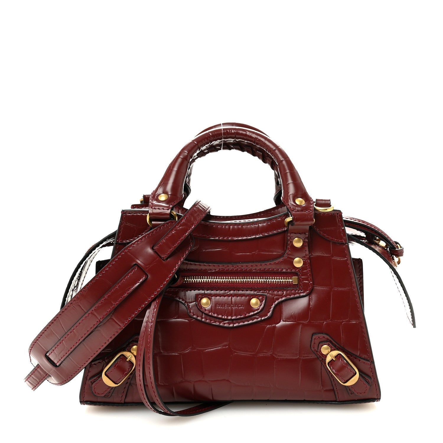 Semi Shiny Calfskin Crocodile Embossed Neo Classic Gold Hardware Mini City Dark Red
