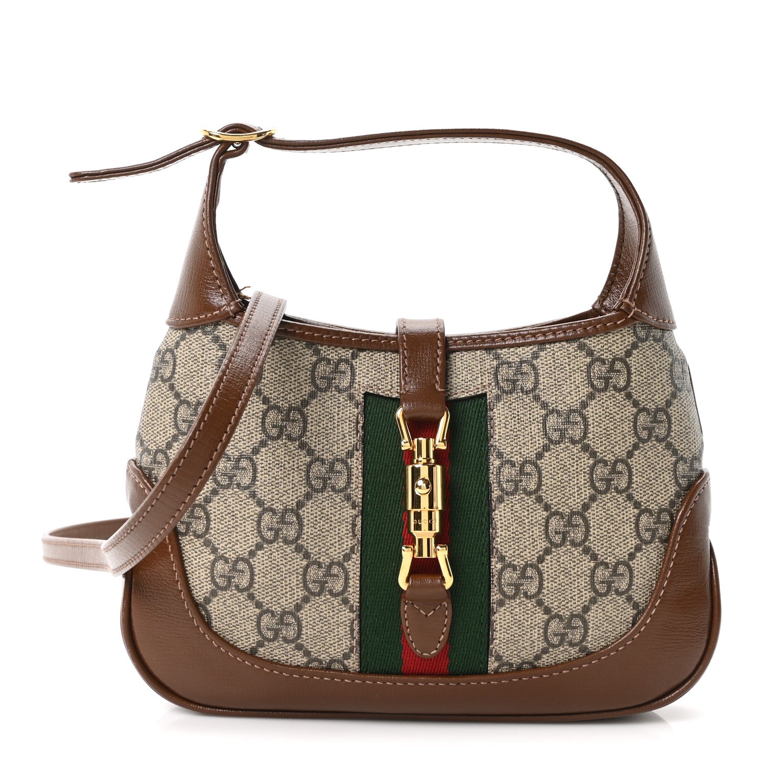 GG Supreme Monogram Azalea Calfskin Web Mini Jackie 1961 Hobo Beige Ebony Brown Sugar
