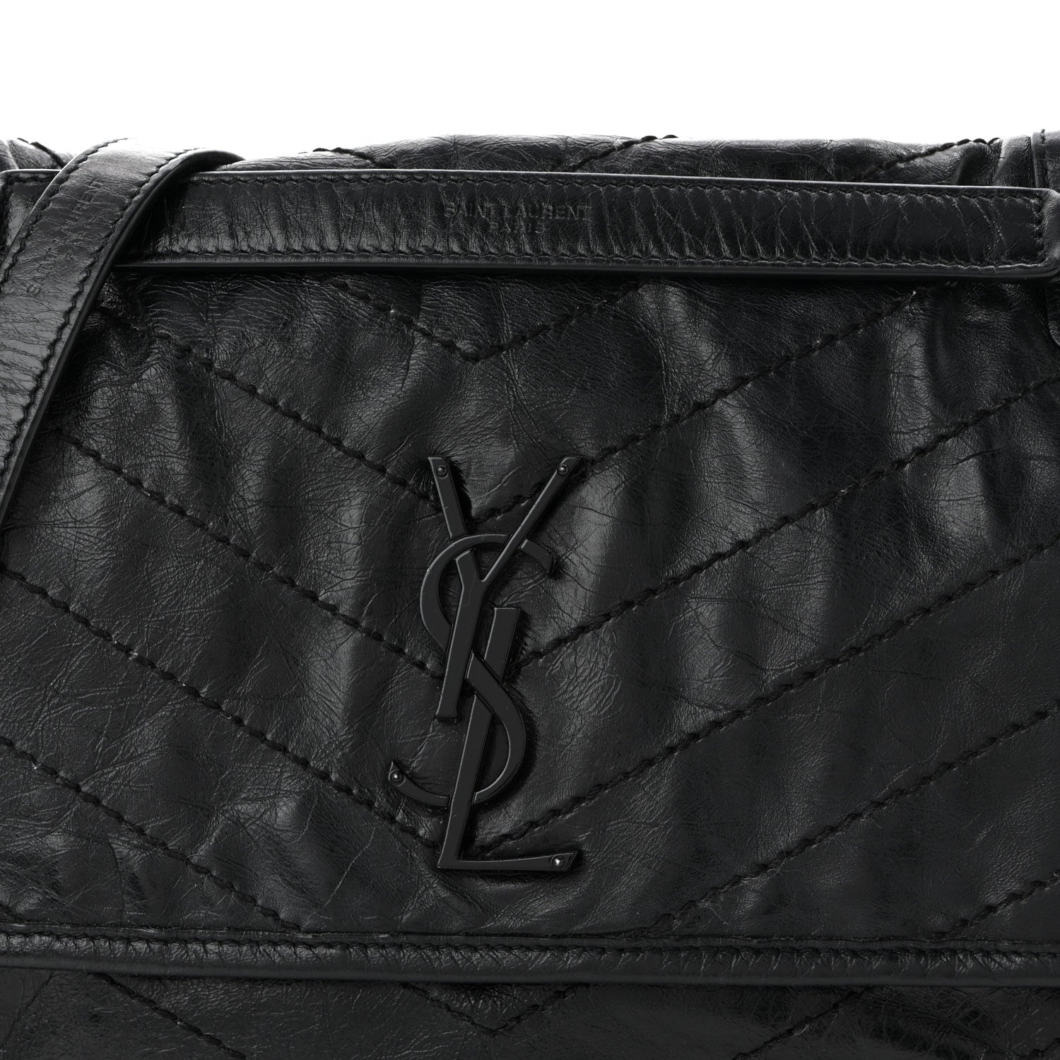Crinkled Calfskin Matelasse Monogram Medium Niki Chain Satchel Black