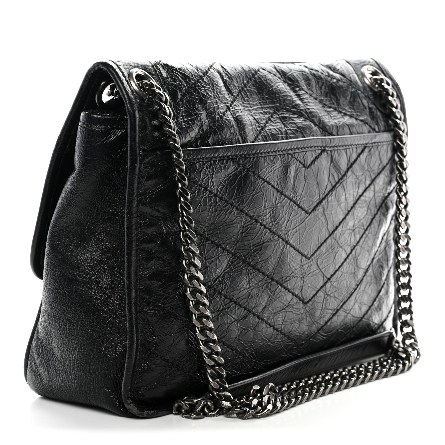 Crinkled Calfskin Matelasse Monogram Medium Niki Chain Satchel Black