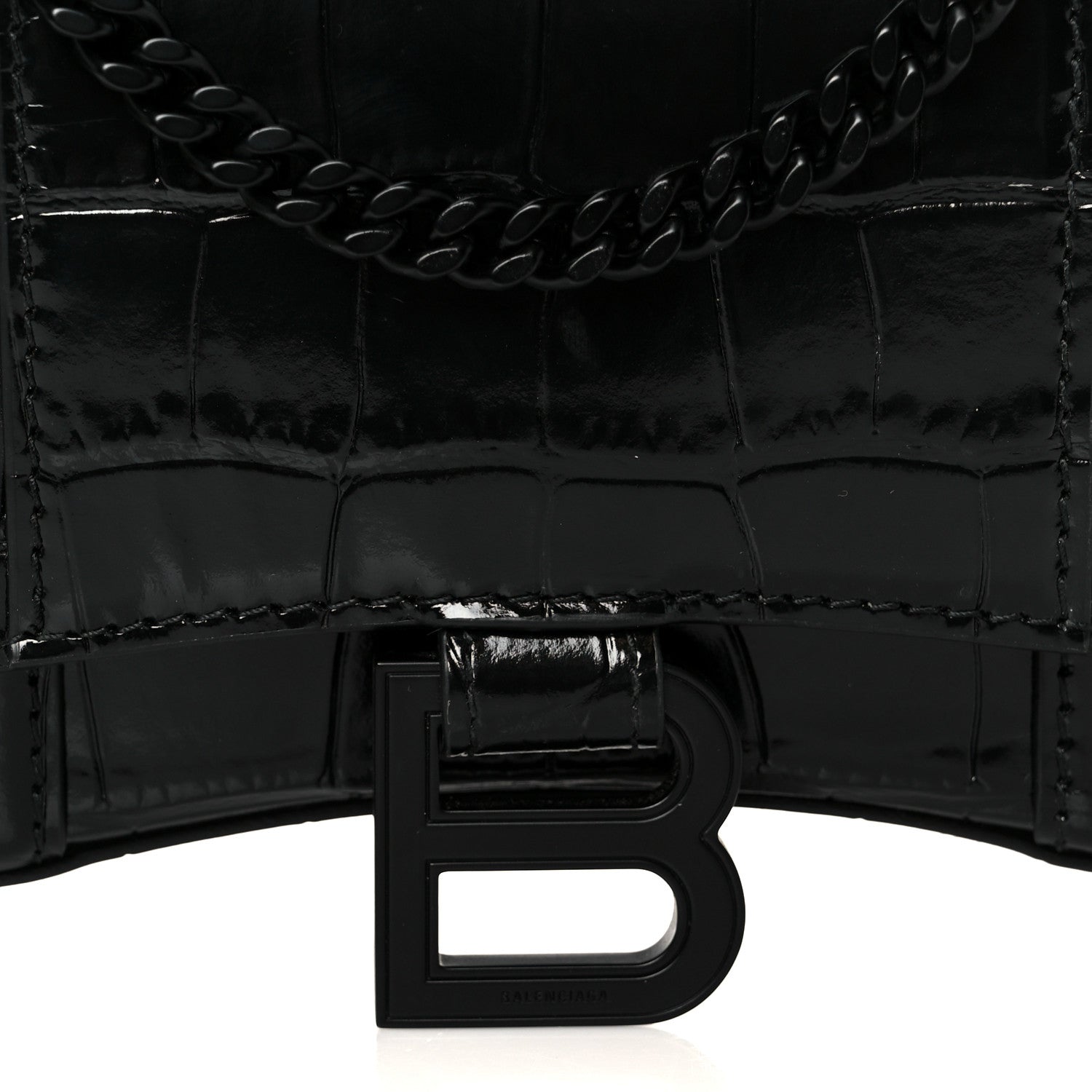 Shiny Calfskin Monochrome Crocodile Embossed Hourglass Chain Bag Black