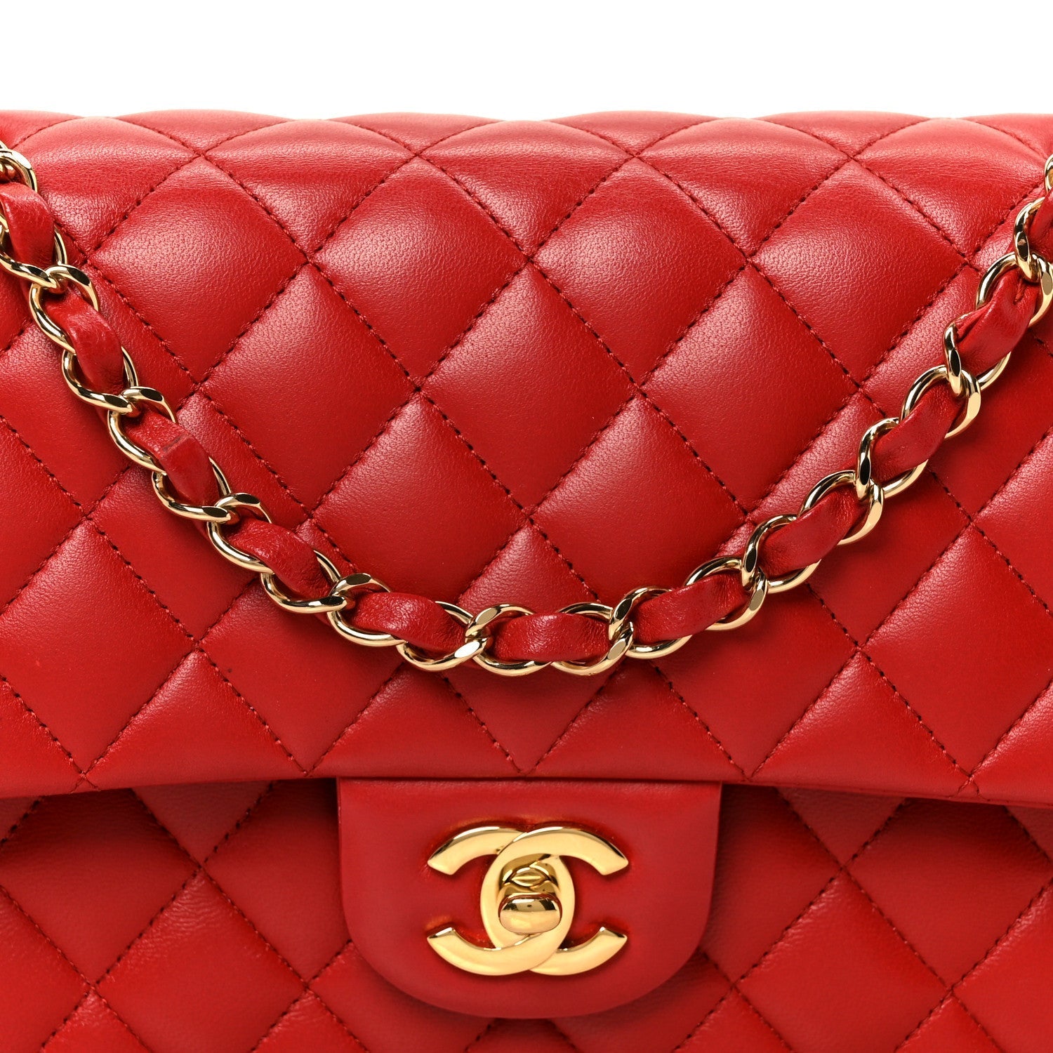 Lambskin Quilted Medium Double Flap Red