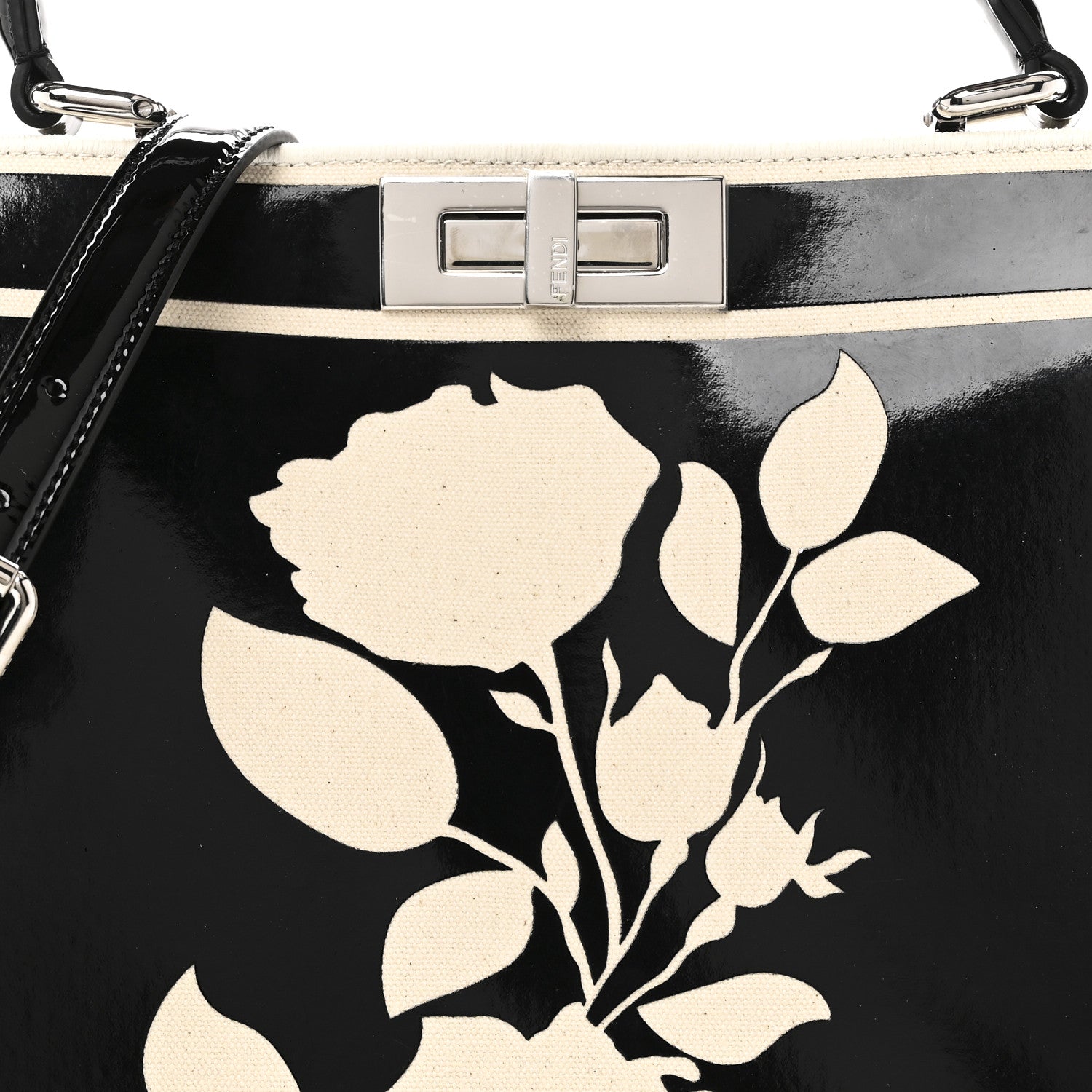 Canvas Spalmato Vernice Roses Medium Peekaboo I SEE U Satchel Black Grezzo