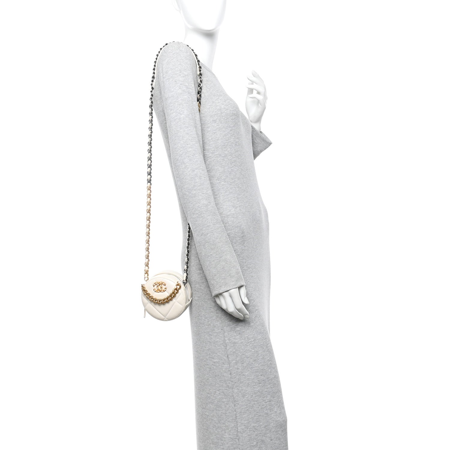 Lambskin Quilted CHNL 19 Round Clutch With Chain White