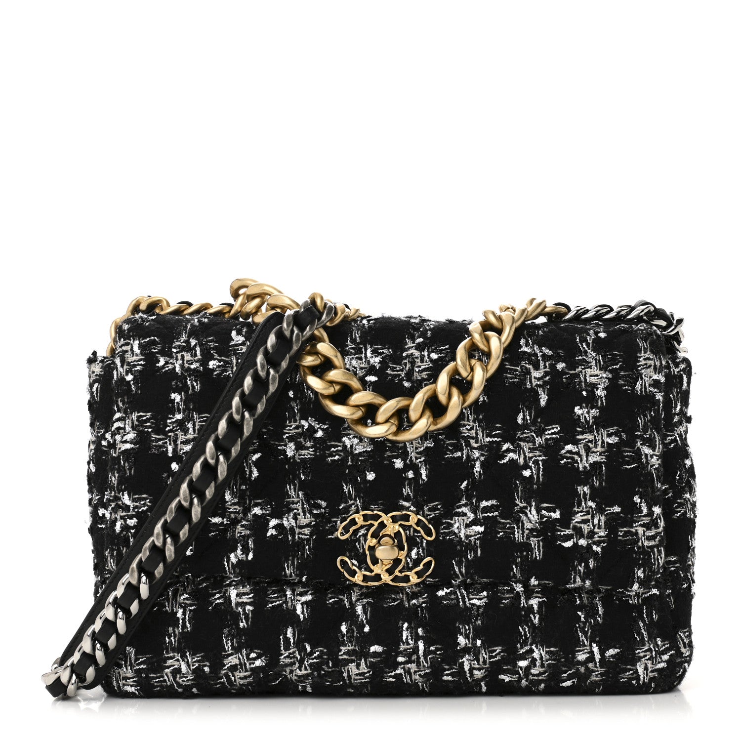 Tweed Quilted Large CHNL 19 Flap Black Silver Ecru