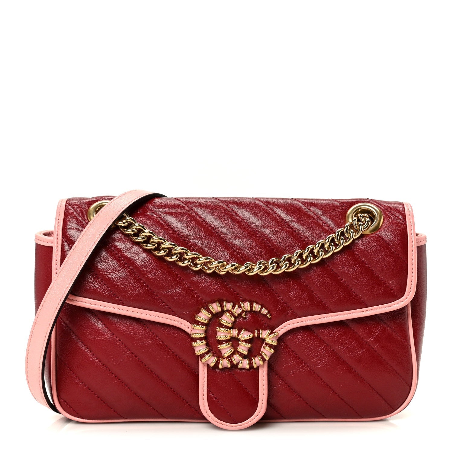 Azalea Calfskin Enamel Matelasse Diagonal Small Torchon GG Marmont Shoulder Bag New Cherry Red Wild Rose