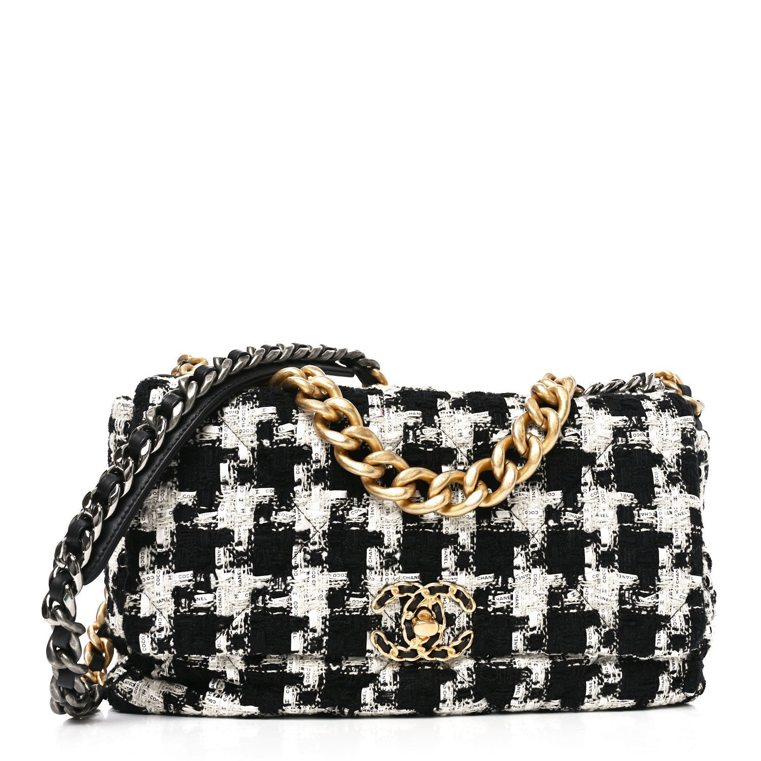 Tweed Quilted Large CHNL 19 Flap Black Ecru White