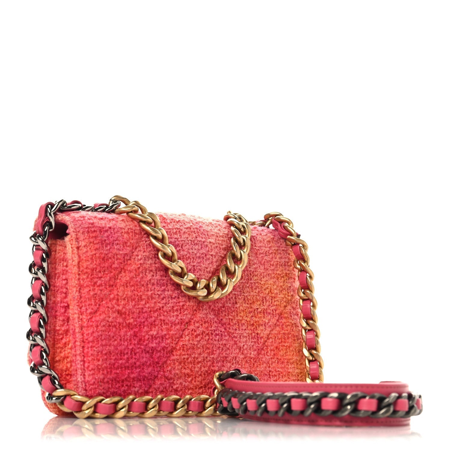 Wool Tweed Lambskin Quilted CHNL 19 Wallet On Chain WOC Coral Pink