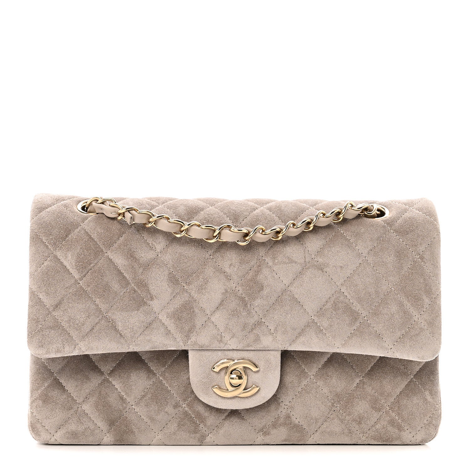 Suede Quilted Medium Double Flap Grey