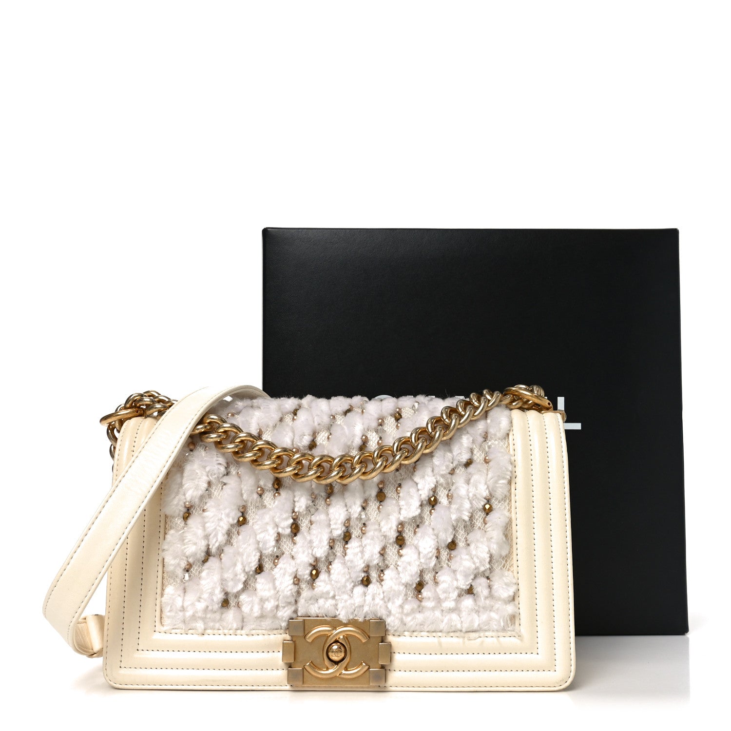 Lambskin Tulle Embroidered Medium Boy Flap White