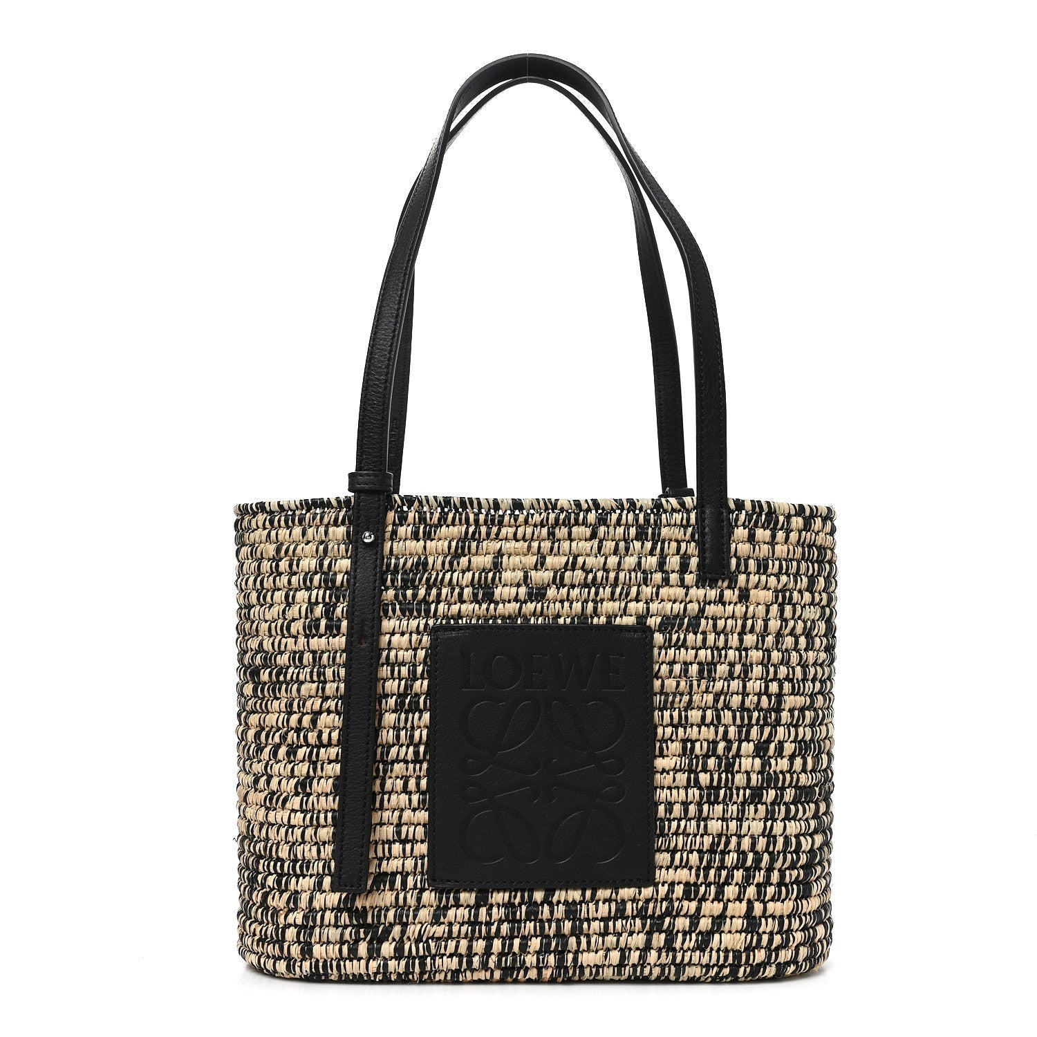 Raffia Small Square Basket Tote Bag Black Natural