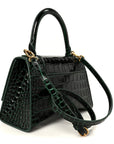 Shiny Calfskin Crocodile Embossed Small Hourglass Top Handle Bag Forest Green