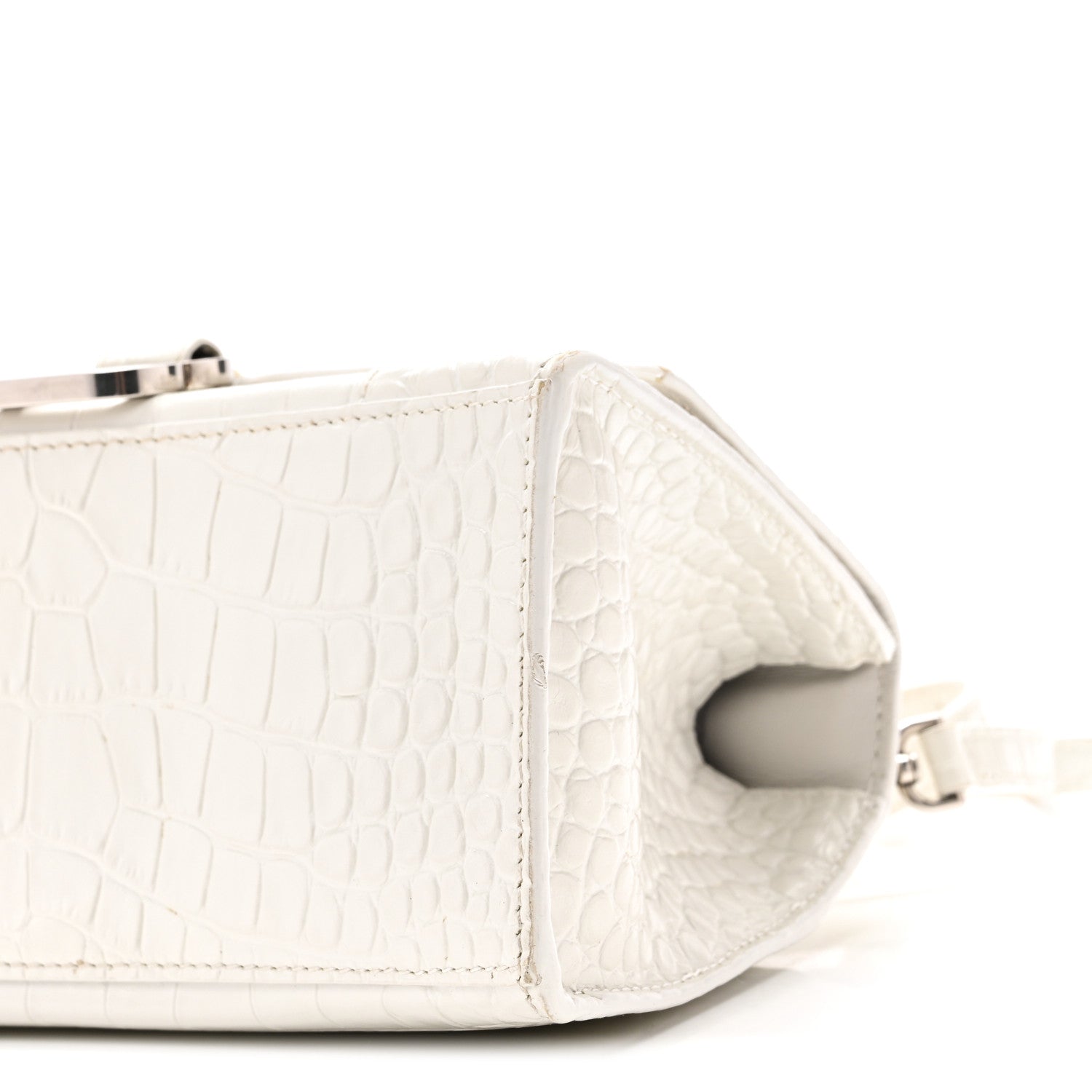Calfskin Crocodile Embossed Small Hourglass Top Handle Bag White