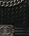 Lambskin Braided Woven Small Boy Flap Black