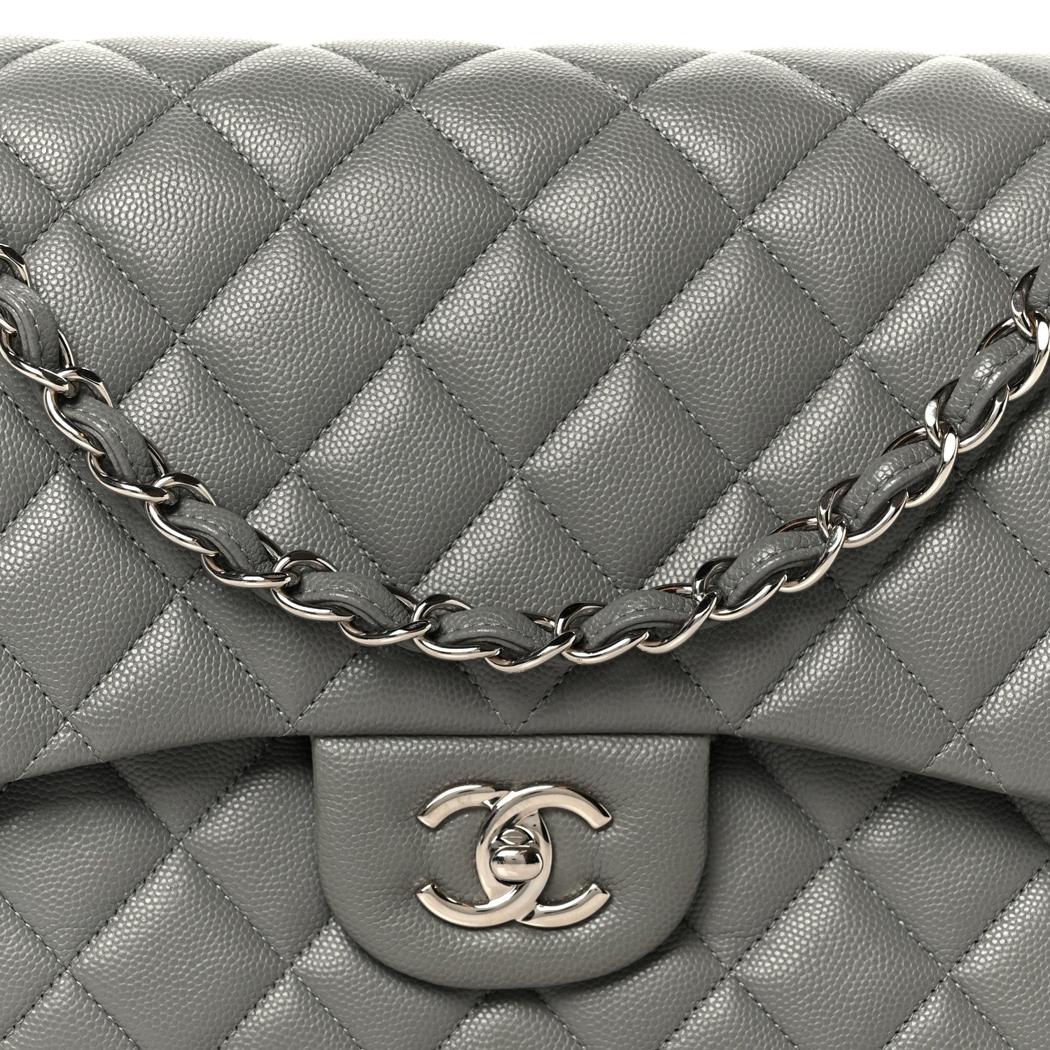 Caviar Quilted Jumbo Double Flap Grey