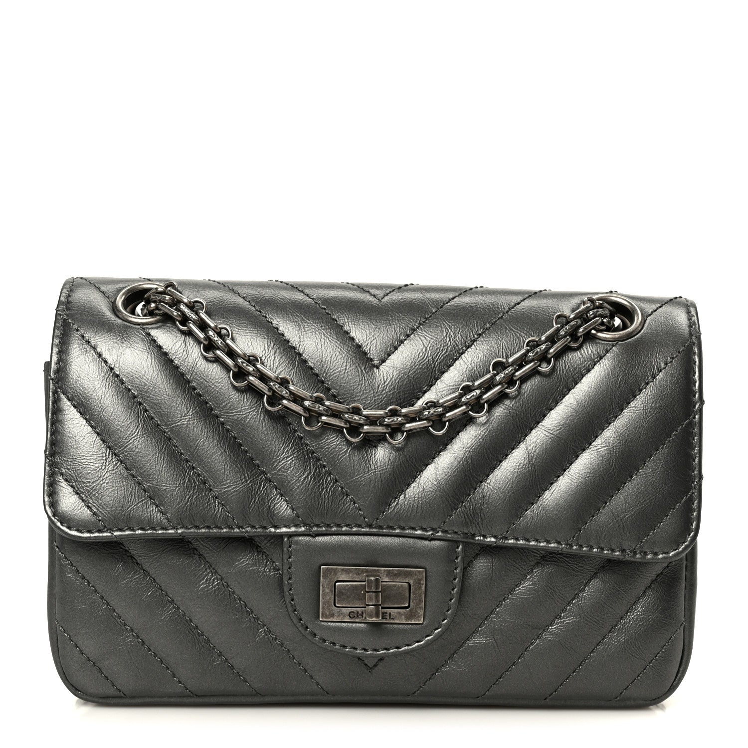 Metallic Aged Calfskin Chevron Quilted 2.55 Reissue Mini Flap Grey
