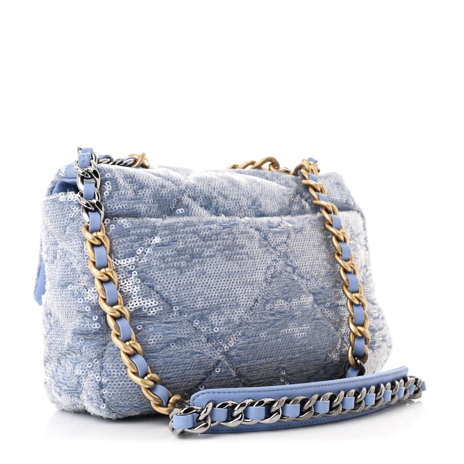 Sequin Quilted Medium CHNL 19 Flap Light Blue