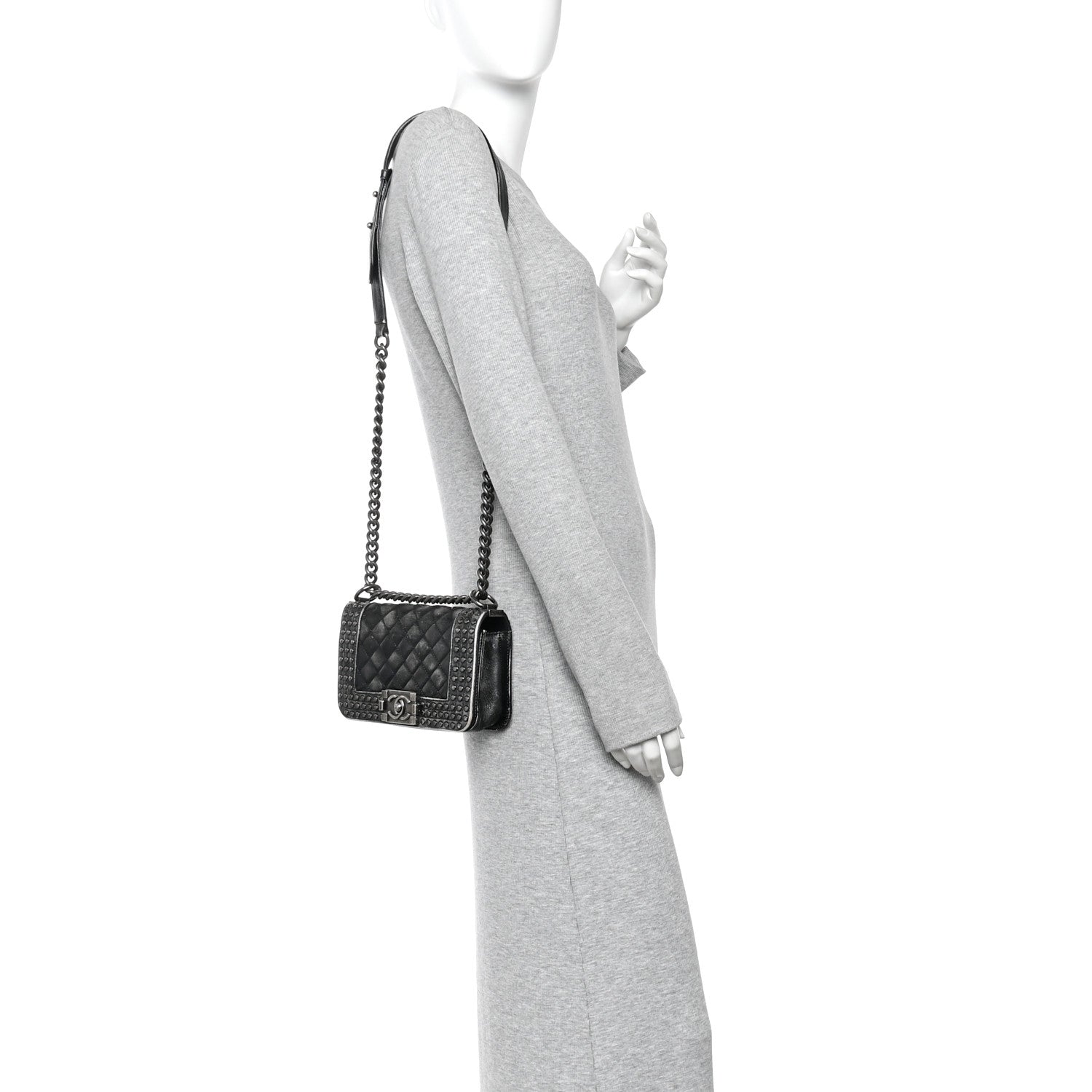 Faded Calfskin Quilted Small Studded Boy Flap Grey