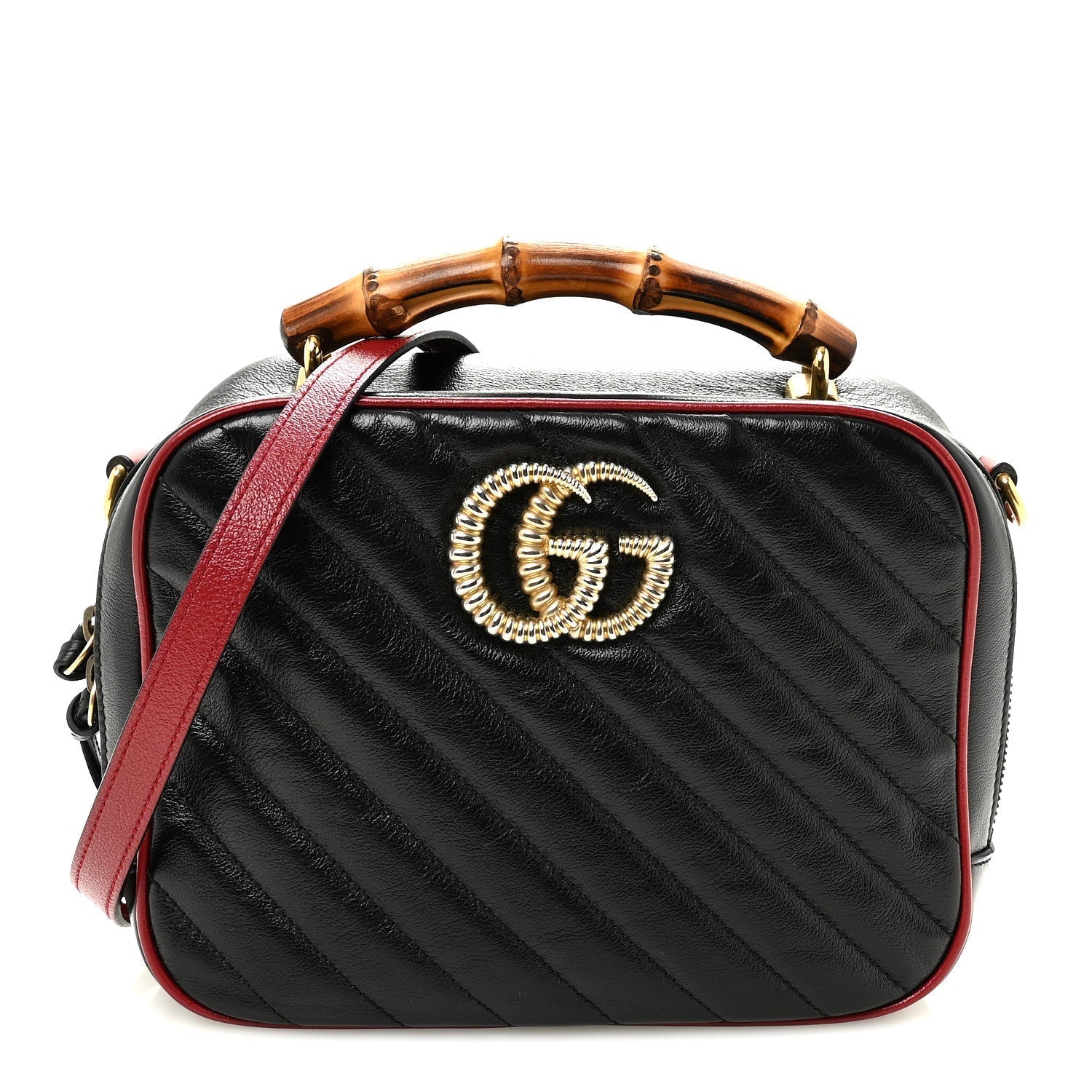 Vintage Effect Calfskin Matelasse Diagonal Small Torchon GG Marmont Bamboo Top Handle Shoulder Bag Black Romantic Cherry