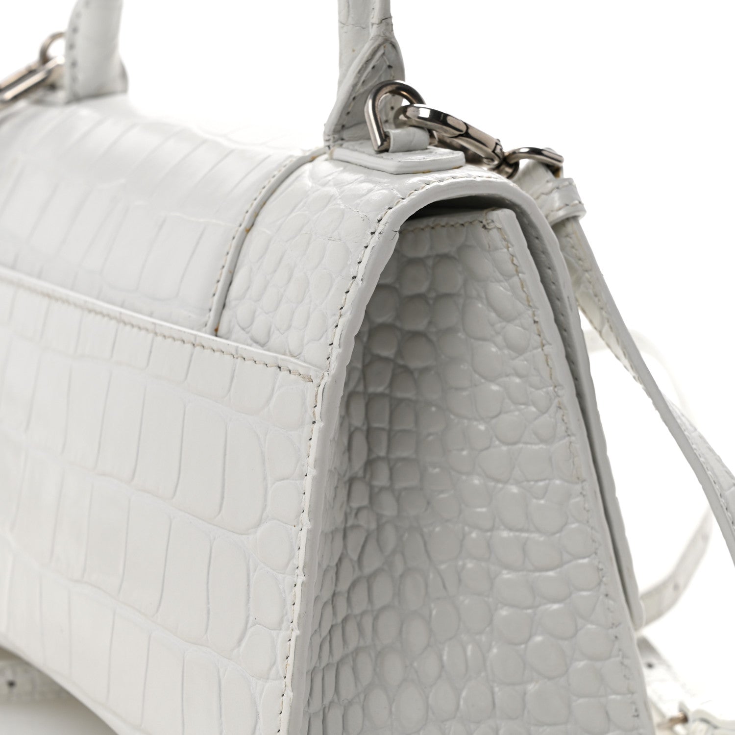 Calfskin Crocodile Embossed Small Hourglass Top Handle Bag White